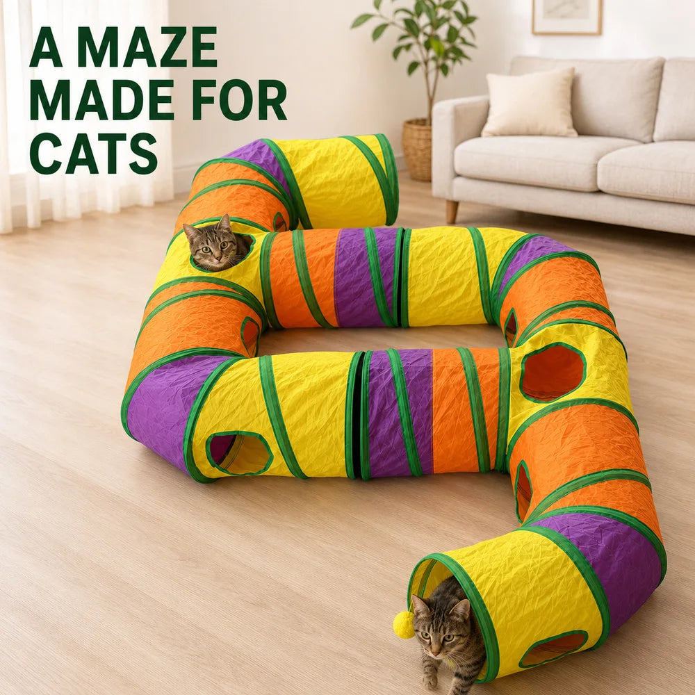 Extra Long Cat Tunnel Maze For Indoor Cats Double E Shaped Connectable Foldable Play Tunnel With Multiple Peek Holes Zipper Connection Two Hanging Pom Poms And Seven Interactive Toys For Kittens And Multi Cat Homes