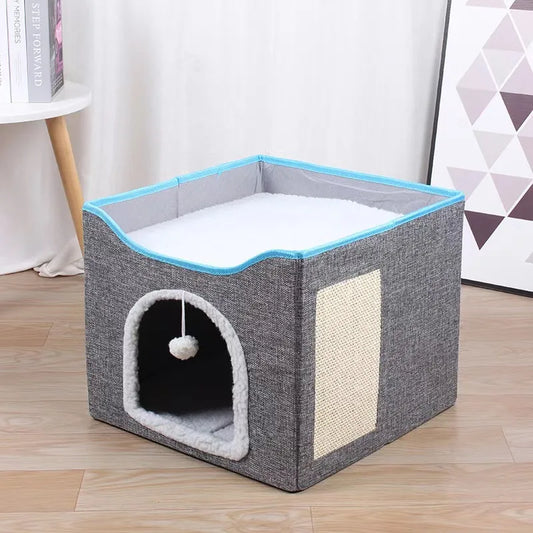 Large Cat House With Fluffy Ball Hanging And Scratch Pad, Foldable Cat Hideaway, 16.5x16.5x13 Inches, Grey