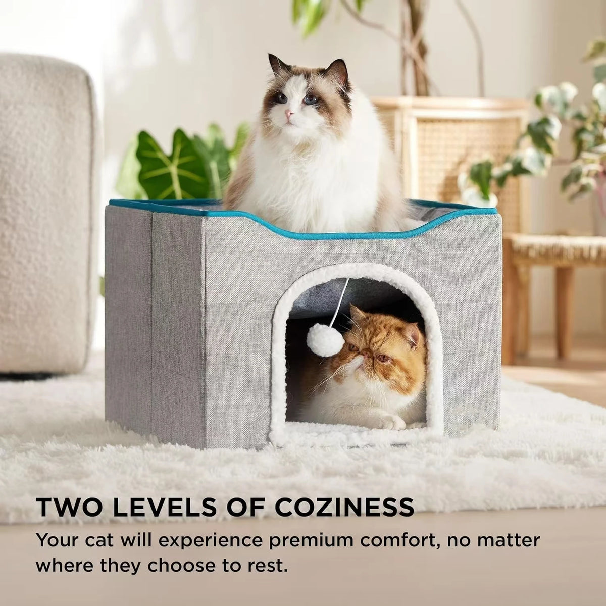 Large Cat House With Fluffy Ball Hanging And Scratch Pad, Foldable Cat Hideaway, 16.5x16.5x13 Inches, Grey