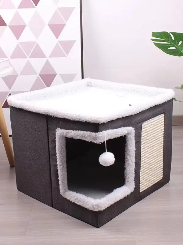 Large Cat House With Fluffy Ball Hanging And Scratch Pad, Foldable Cat Hideaway, 16.5x16.5x13 Inches, Grey