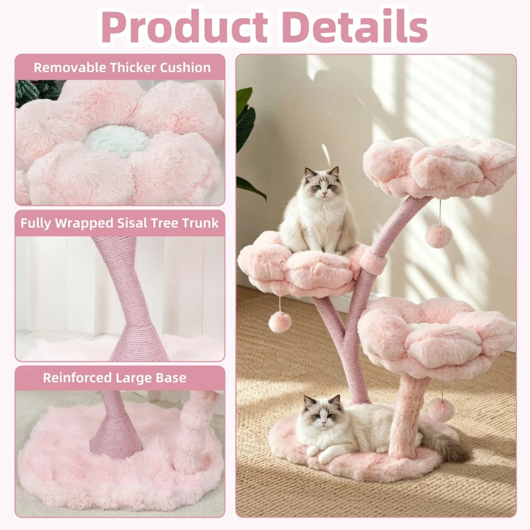 105cm Tall Pink Flower Cat Tree Tower with Scratching Post