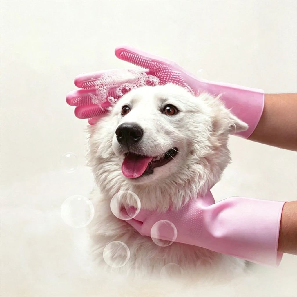 Silicone Pet Bathing Gloves with Massage Bristles - Waterproof, Anti-Scratch & Bite-Proof for Dogs & Cats, Deep Cleaning & Fur Removal, Dry & Wet Use