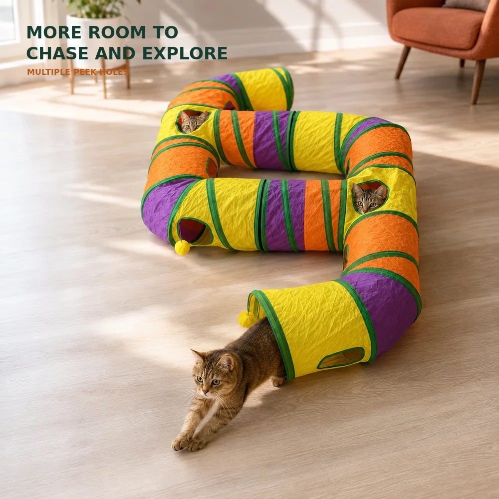 Extra Long Cat Tunnel Maze For Indoor Cats Double E Shaped Connectable Foldable Play Tunnel With Multiple Peek Holes Zipper Connection Two Hanging Pom Poms And Seven Interactive Toys For Kittens And Multi Cat Homes