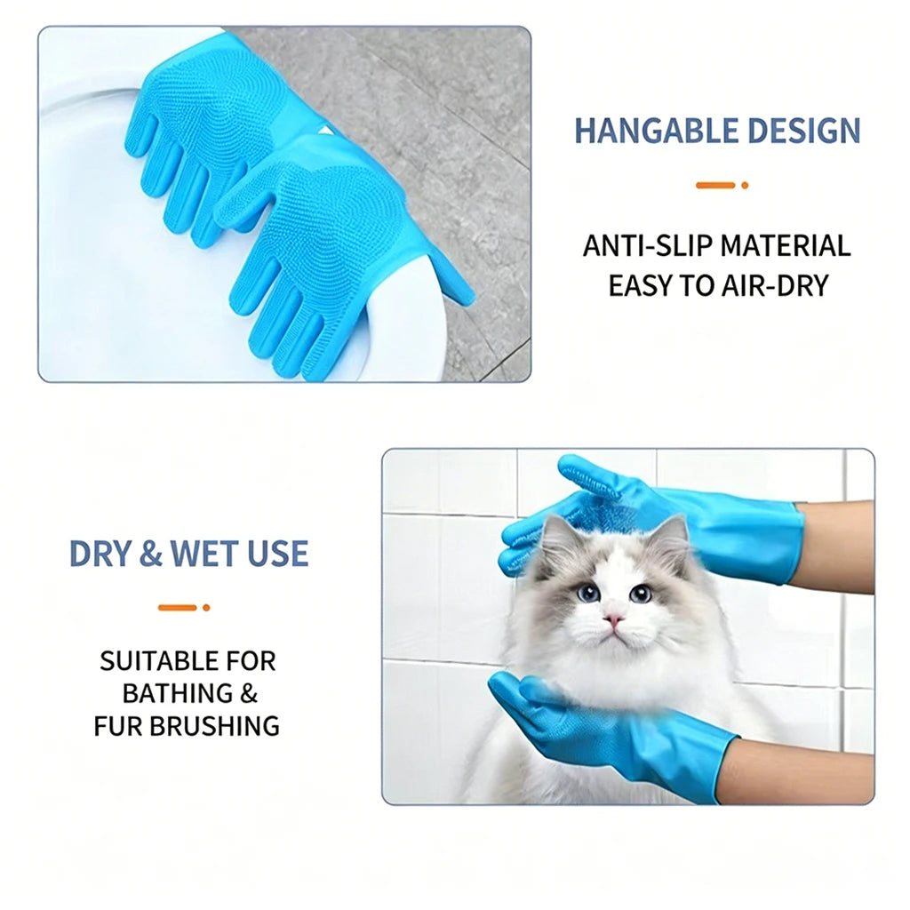 Silicone Pet Bathing Gloves with Massage Bristles - Waterproof, Anti-Scratch & Bite-Proof for Dogs & Cats, Deep Cleaning & Fur Removal, Dry & Wet Use