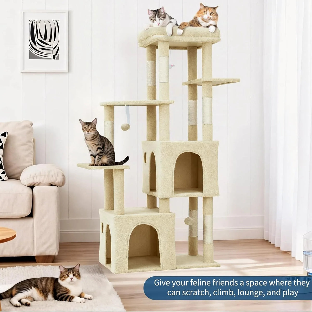 61 Inch Large Cat Tree Tower with 7 Scratching Posts 2 Cat Condos Top Perch Multi Level Cat Climbing Tree Furniture with Hanging Toys Anti Toppling Design for Indoor Cats Multi Cat Homes