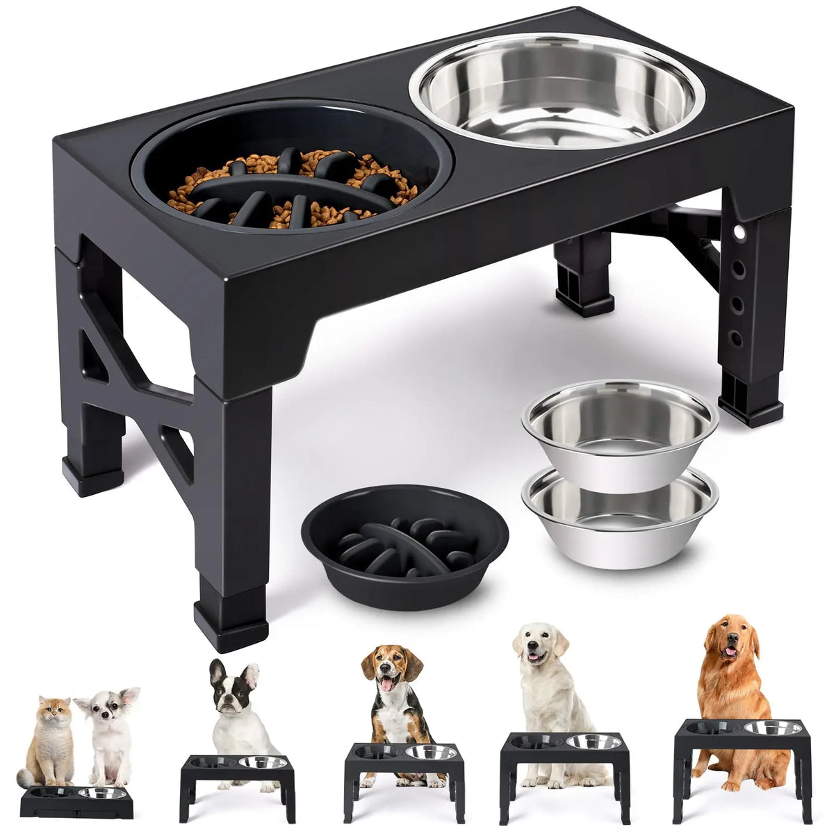 Adjustable Raised Dog Bowl Stand with Double Stainless Steel Food Water Bowls
