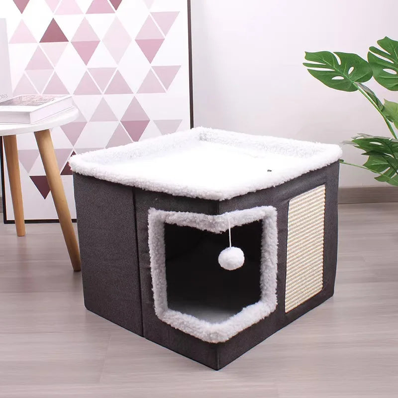 Large Cat House With Fluffy Ball Hanging And Scratch Pad, Foldable Cat Hideaway, 16.5x16.5x13 Inches, Grey