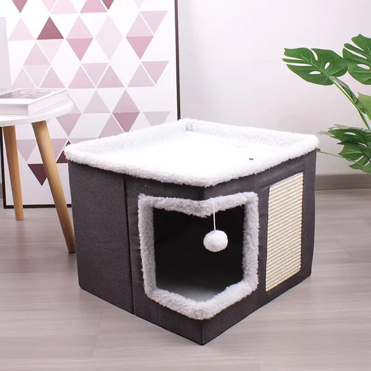 Large Cat House With Fluffy Ball Hanging And Scratch Pad, Foldable Cat Hideaway, 16.5x16.5x13 Inches, Grey
