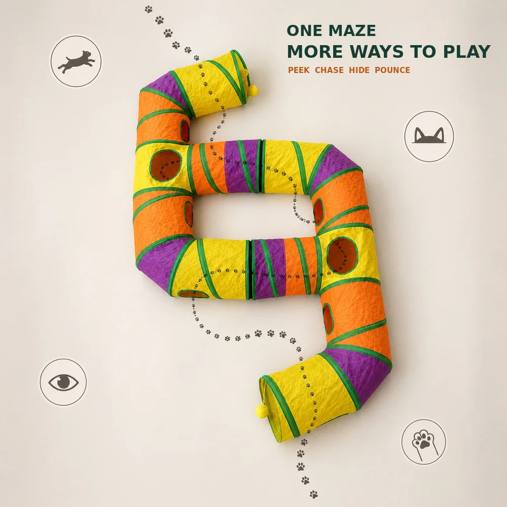 Extra Long Cat Tunnel Maze For Indoor Cats Double E Shaped Connectable Foldable Play Tunnel With Multiple Peek Holes Zipper Connection Two Hanging Pom Poms And Seven Interactive Toys For Kittens And Multi Cat Homes