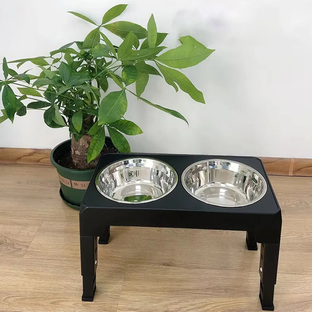 Adjustable Raised Dog Bowl Stand with Double Stainless Steel Food Water Bowls