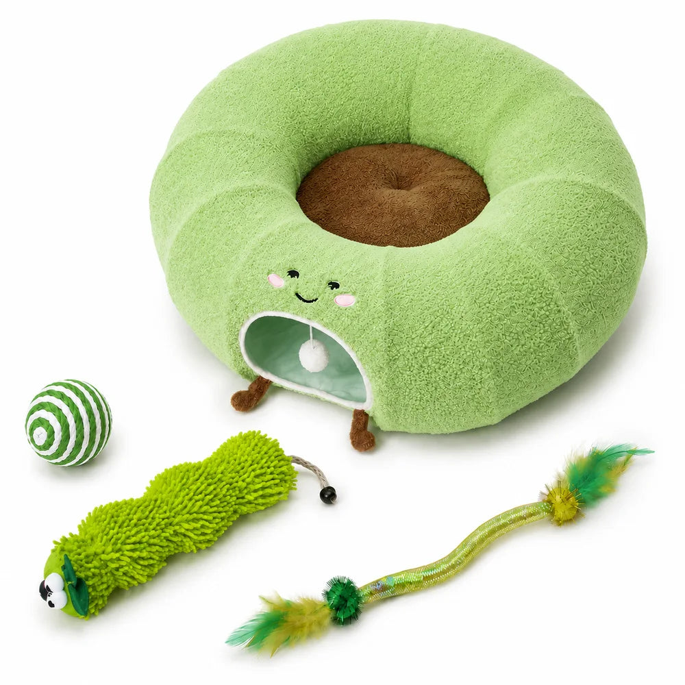 Convertible Cat Tunnel Bed For Indoor Cats Plush Donut Cat Bed With Removable Cushion Zip Connected Long Play Tunnel Cozy Hideaway Bed With Hanging Ball For Kittens Cats And Small Pets