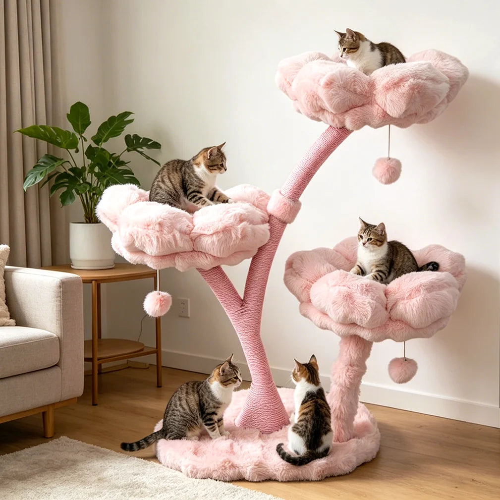105cm Tall Pink Flower Cat Tree Tower with Scratching Post