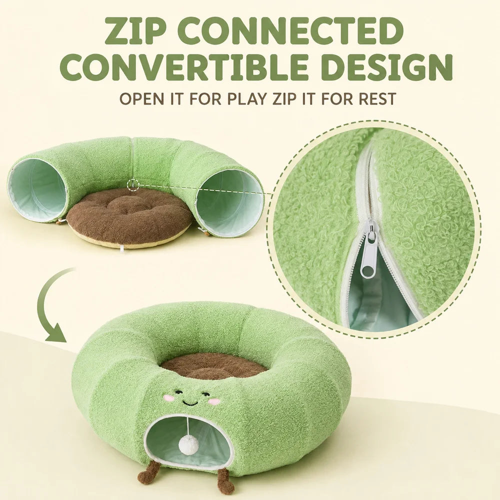 Convertible Cat Tunnel Bed For Indoor Cats Plush Donut Cat Bed With Removable Cushion Zip Connected Long Play Tunnel Cozy Hideaway Bed With Hanging Ball For Kittens Cats And Small Pets
