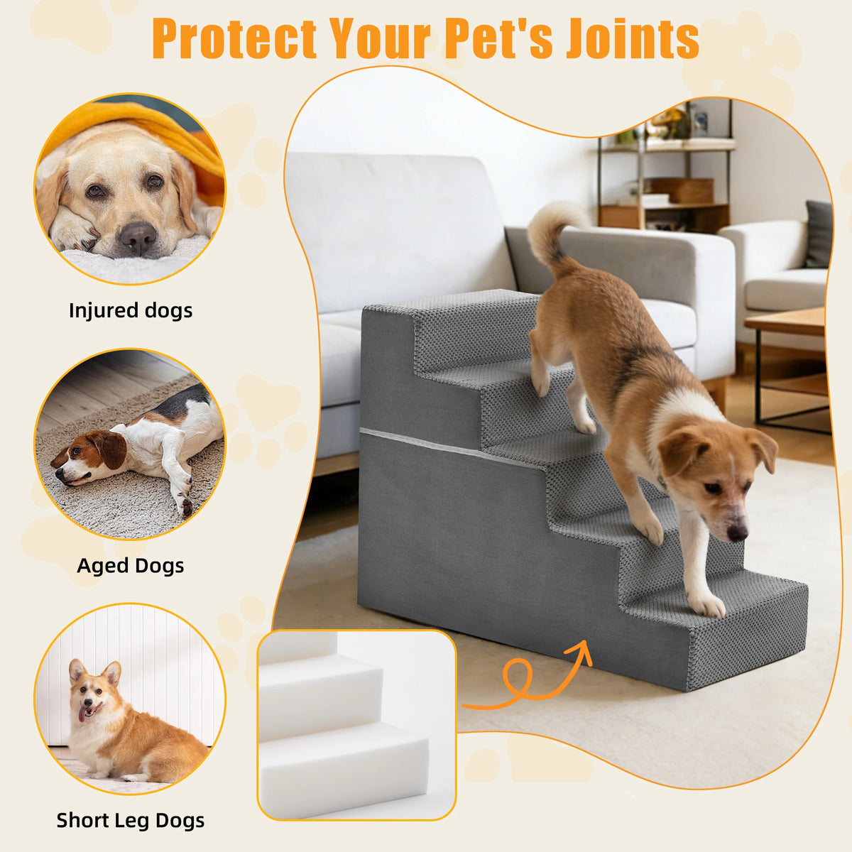 JHK 3-5 Step Right Angled Foam Dog Stairs Ramp for Small Dogs