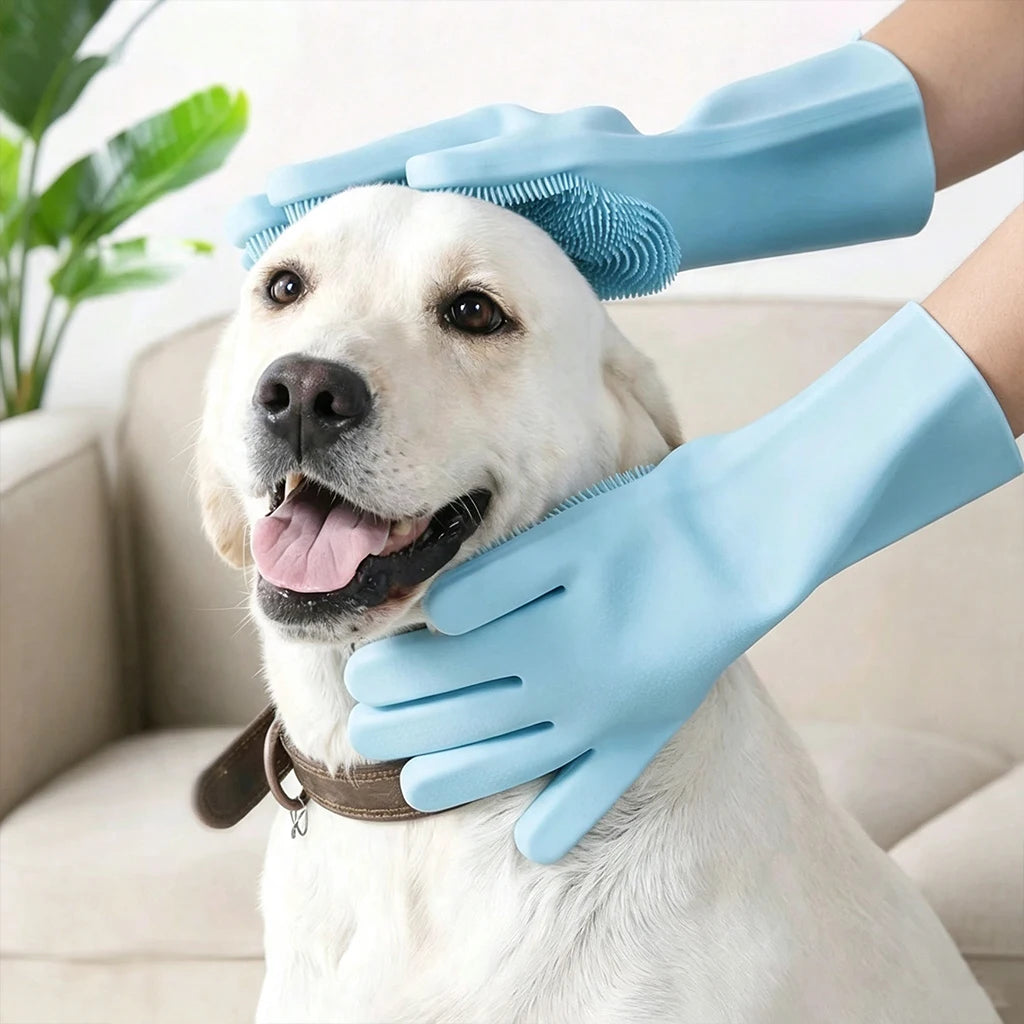 Silicone Pet Bathing Gloves with Massage Bristles - Waterproof, Anti-Scratch & Bite-Proof for Dogs & Cats, Deep Cleaning & Fur Removal, Dry & Wet Use