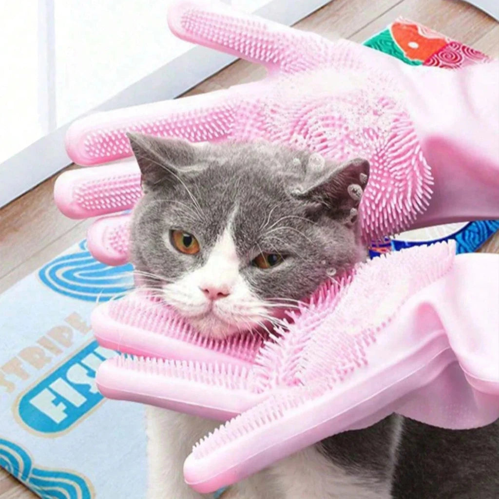 Silicone Pet Bathing Gloves with Massage Bristles - Waterproof, Anti-Scratch & Bite-Proof for Dogs & Cats, Deep Cleaning & Fur Removal, Dry & Wet Use