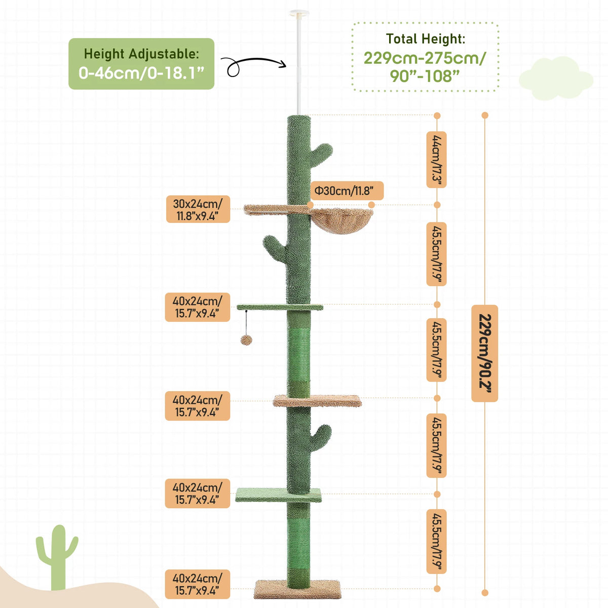 Cat Tree 5-Tier Floor to Ceiling Cat Tower Cactus