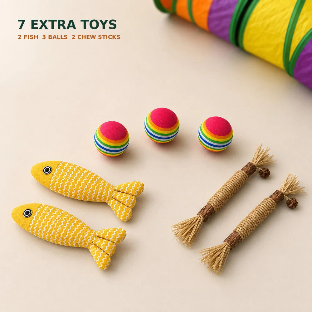 Extra Long Cat Tunnel Maze For Indoor Cats Double E Shaped Connectable Foldable Play Tunnel With Multiple Peek Holes Zipper Connection Two Hanging Pom Poms And Seven Interactive Toys For Kittens And Multi Cat Homes