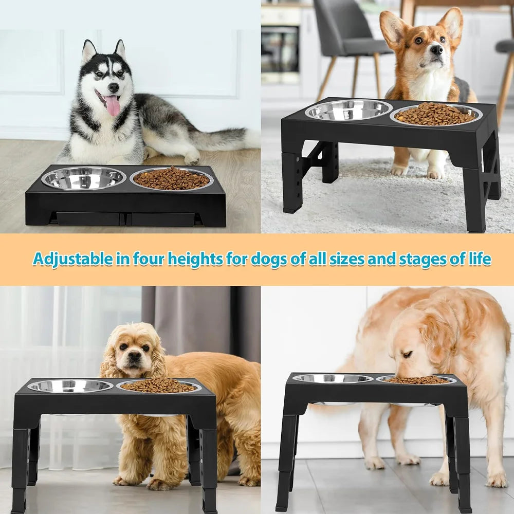 Adjustable Raised Dog Bowl Stand with Double Stainless Steel Food Water Bowls