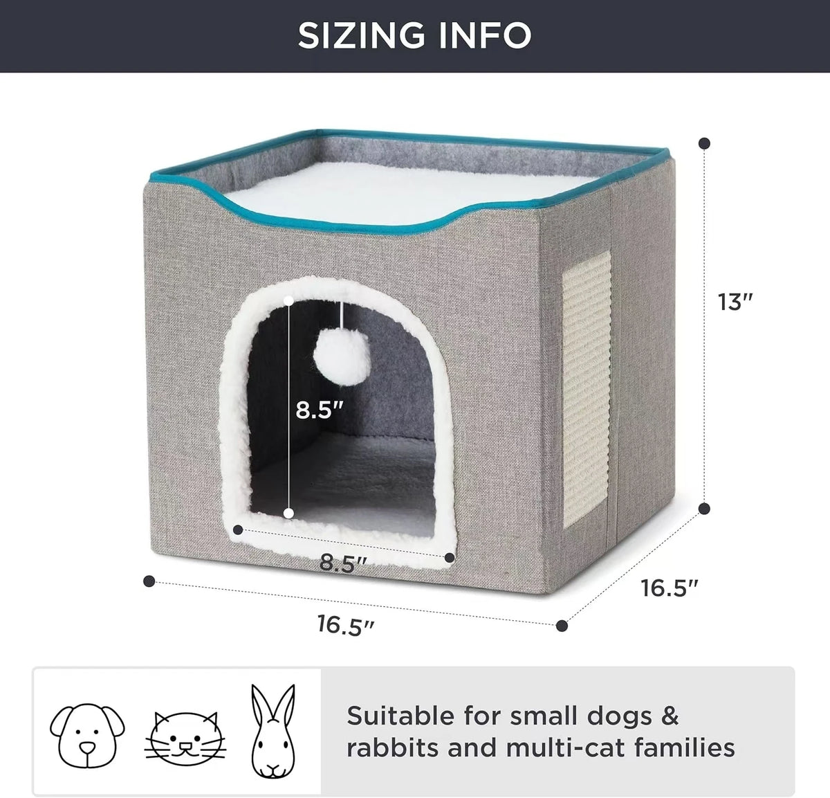 Large Cat House With Fluffy Ball Hanging And Scratch Pad, Foldable Cat Hideaway, 16.5x16.5x13 Inches, Grey
