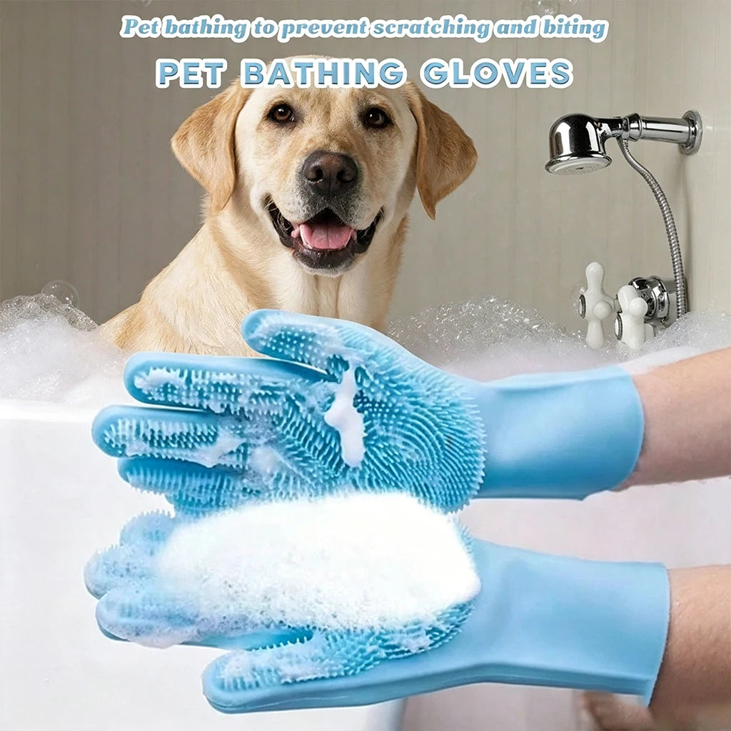 Silicone Pet Bathing Gloves with Massage Bristles - Waterproof, Anti-Scratch & Bite-Proof for Dogs & Cats, Deep Cleaning & Fur Removal, Dry & Wet Use