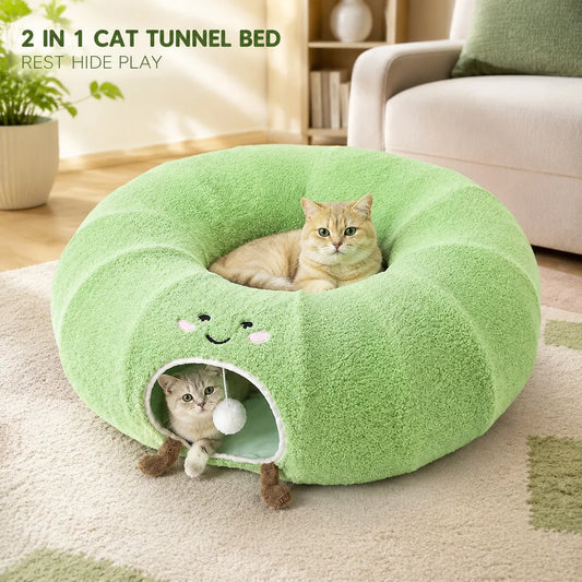 Convertible Cat Tunnel Bed For Indoor Cats Plush Donut Cat Bed With Removable Cushion Zip Connected Long Play Tunnel Cozy Hideaway Bed With Hanging Ball For Kittens Cats And Small Pets