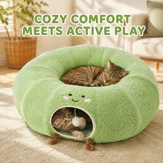 Convertible Cat Tunnel Bed For Indoor Cats Plush Donut Cat Bed With Removable Cushion Zip Connected Long Play Tunnel Cozy Hideaway Bed With Hanging Ball For Kittens Cats And Small Pets