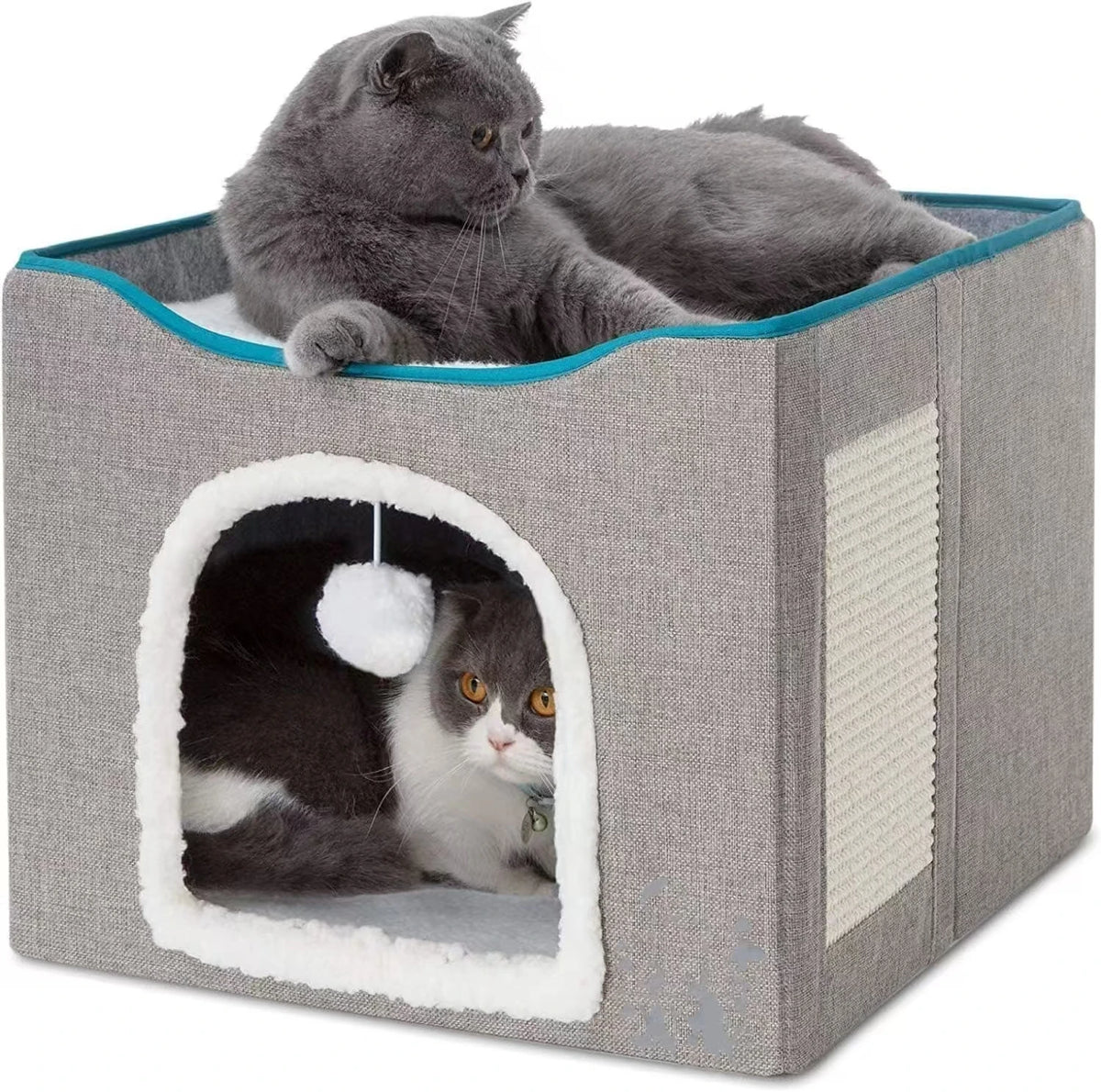 Large Cat House With Fluffy Ball Hanging And Scratch Pad, Foldable Cat Hideaway, 16.5x16.5x13 Inches, Grey