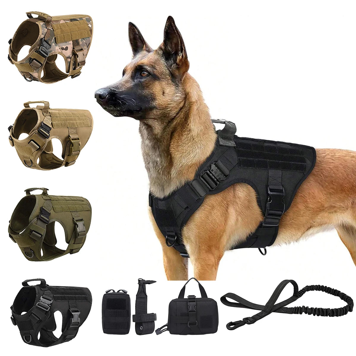 Tactical Dog Harness Collar Leash Molle Pouches For Medium Large Dogs
