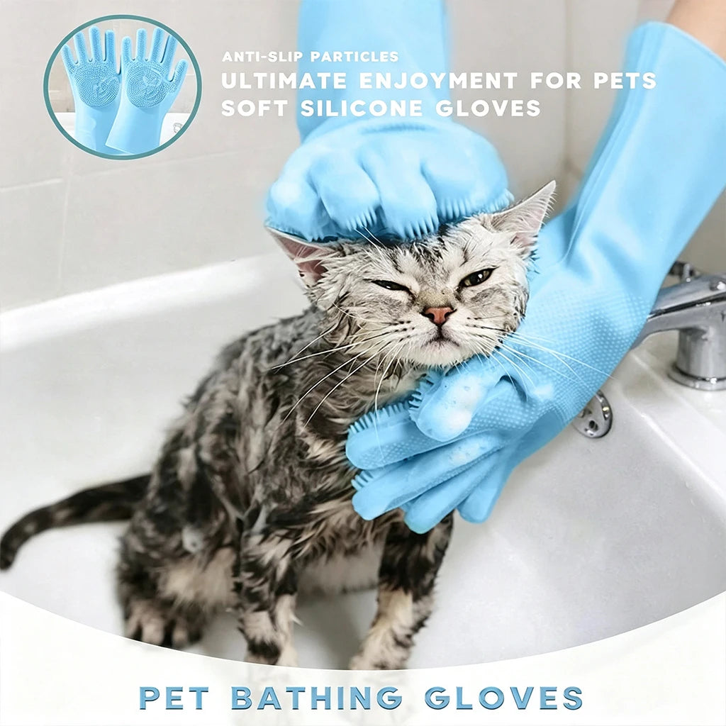Silicone Pet Bathing Gloves with Massage Bristles - Waterproof, Anti-Scratch & Bite-Proof for Dogs & Cats, Deep Cleaning & Fur Removal, Dry & Wet Use
