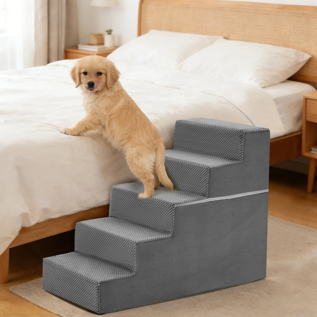 JHK 3-5 Step Right Angled Foam Dog Stairs Ramp for Small Dogs