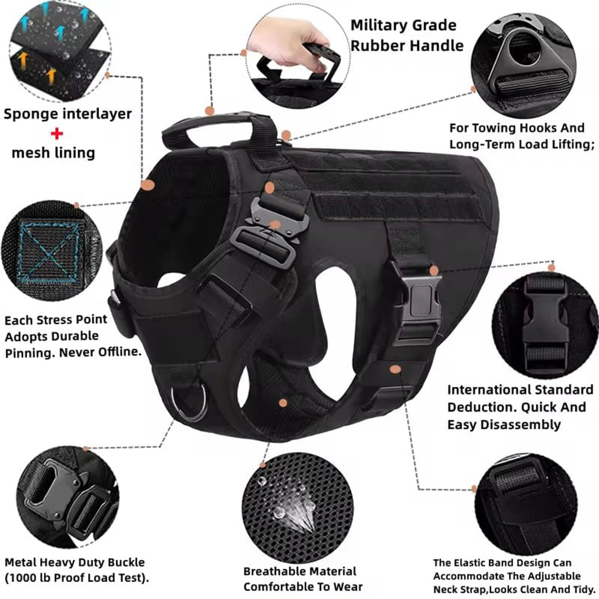 Tactical Dog Harness Collar Leash Molle Pouches For Medium Large Dogs