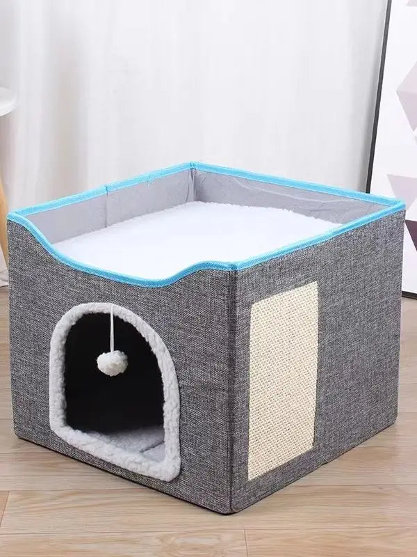 Large Cat House With Fluffy Ball Hanging And Scratch Pad, Foldable Cat Hideaway, 16.5x16.5x13 Inches, Grey