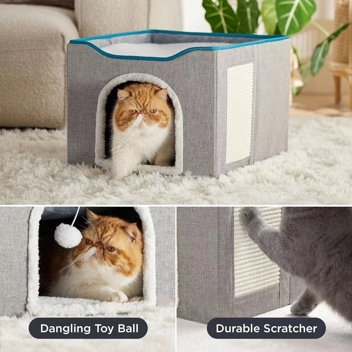 Large Cat House With Fluffy Ball Hanging And Scratch Pad, Foldable Cat Hideaway, 16.5x16.5x13 Inches, Grey