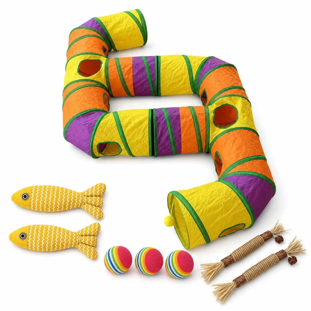Extra Long Cat Tunnel Maze For Indoor Cats Double E Shaped Connectable Foldable Play Tunnel With Multiple Peek Holes Zipper Connection Two Hanging Pom Poms And Seven Interactive Toys For Kittens And Multi Cat Homes