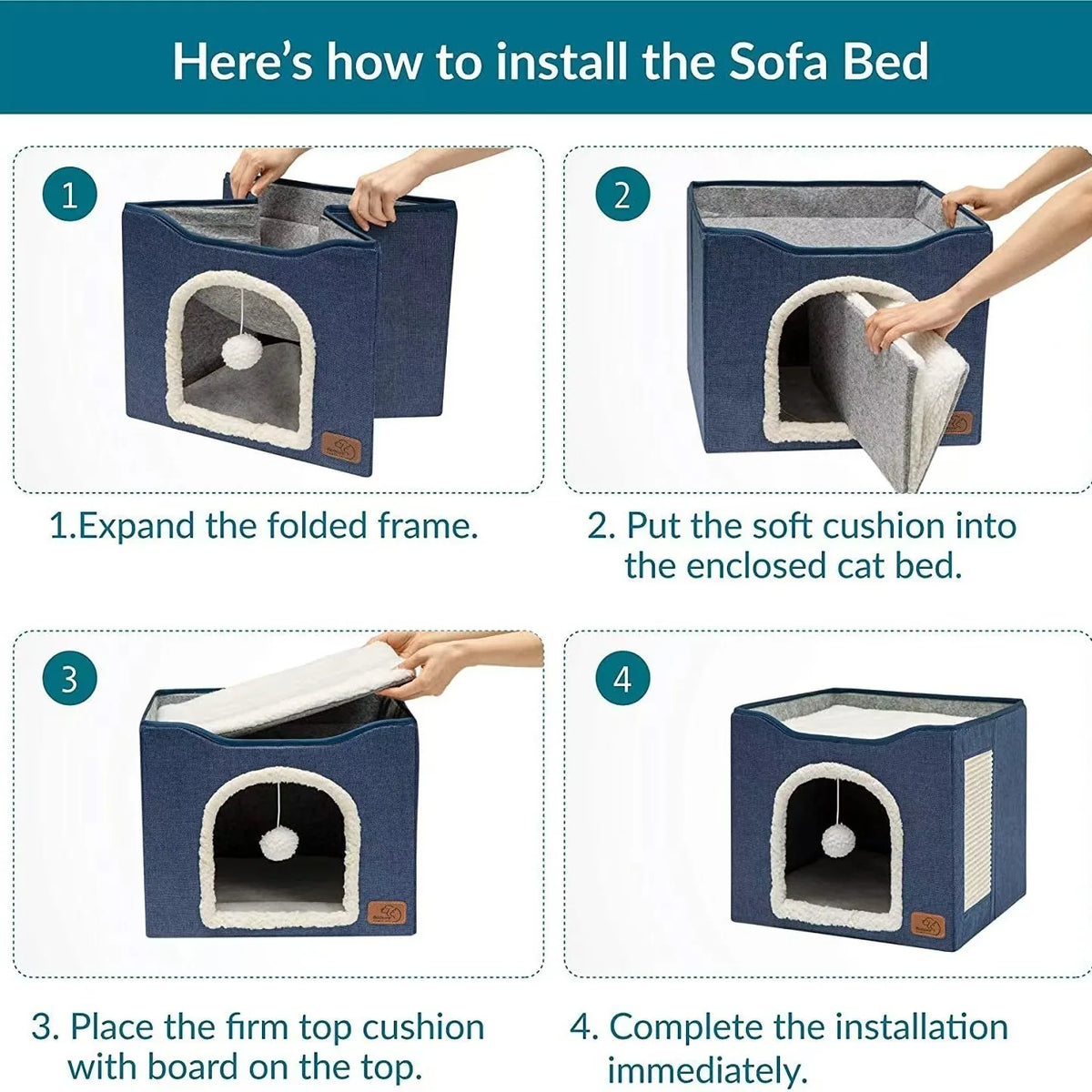 Large Cat House With Fluffy Ball Hanging And Scratch Pad, Foldable Cat Hideaway, 16.5x16.5x13 Inches, Grey