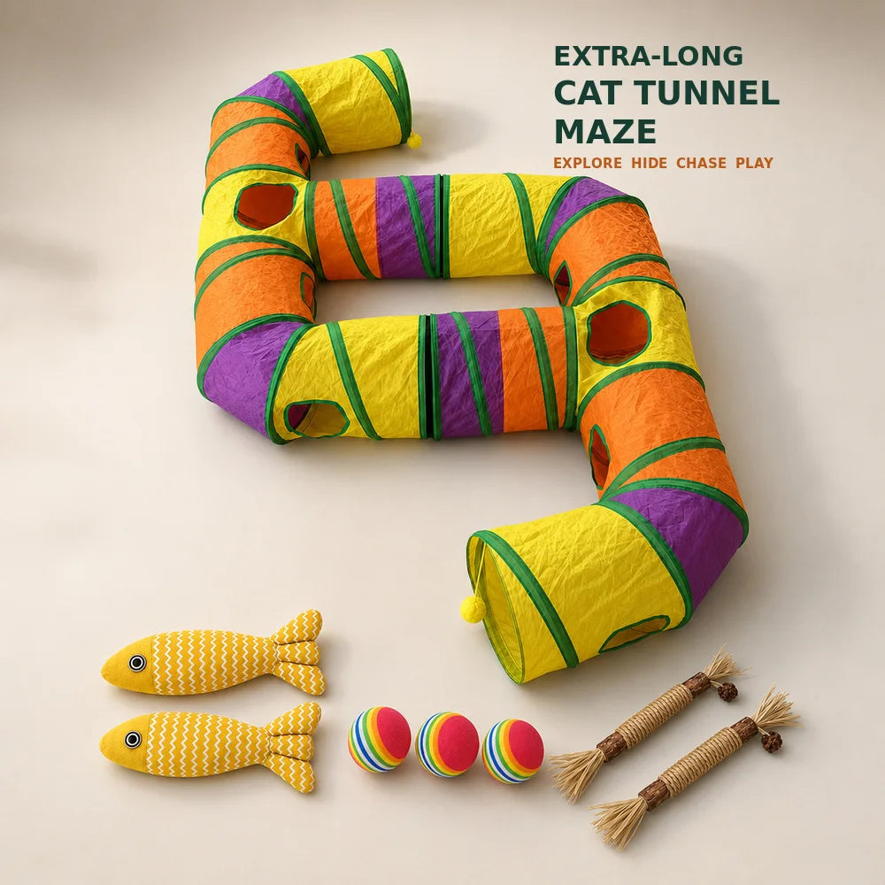 Extra Long Cat Tunnel Maze For Indoor Cats Double E Shaped Connectable Foldable Play Tunnel With Multiple Peek Holes Zipper Connection Two Hanging Pom Poms And Seven Interactive Toys For Kittens And Multi Cat Homes