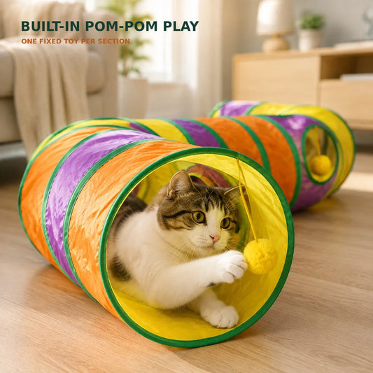 Extra Long Cat Tunnel Maze For Indoor Cats Double E Shaped Connectable Foldable Play Tunnel With Multiple Peek Holes Zipper Connection Two Hanging Pom Poms And Seven Interactive Toys For Kittens And Multi Cat Homes