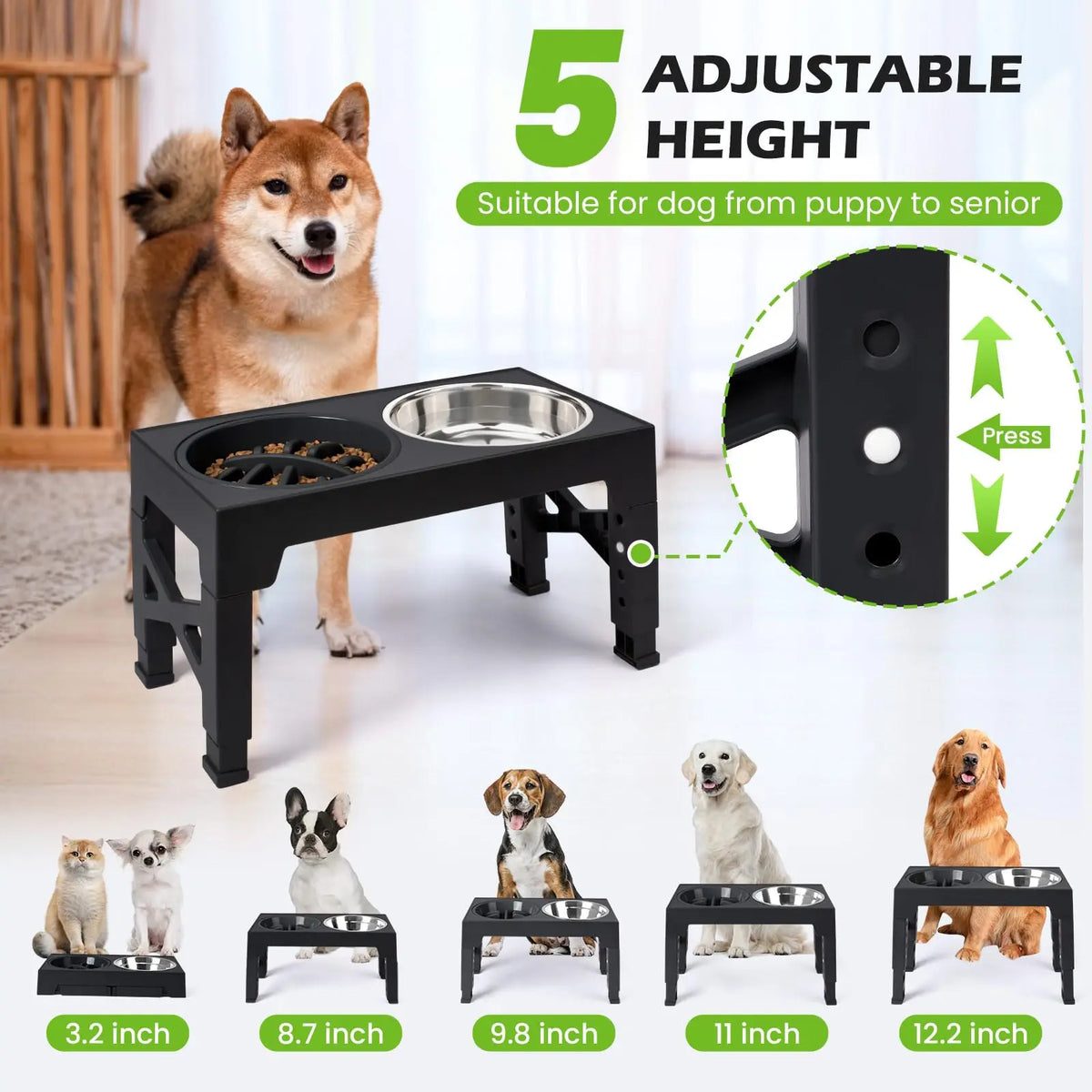 Adjustable Raised Dog Bowl Stand with Double Stainless Steel Food Water Bowls