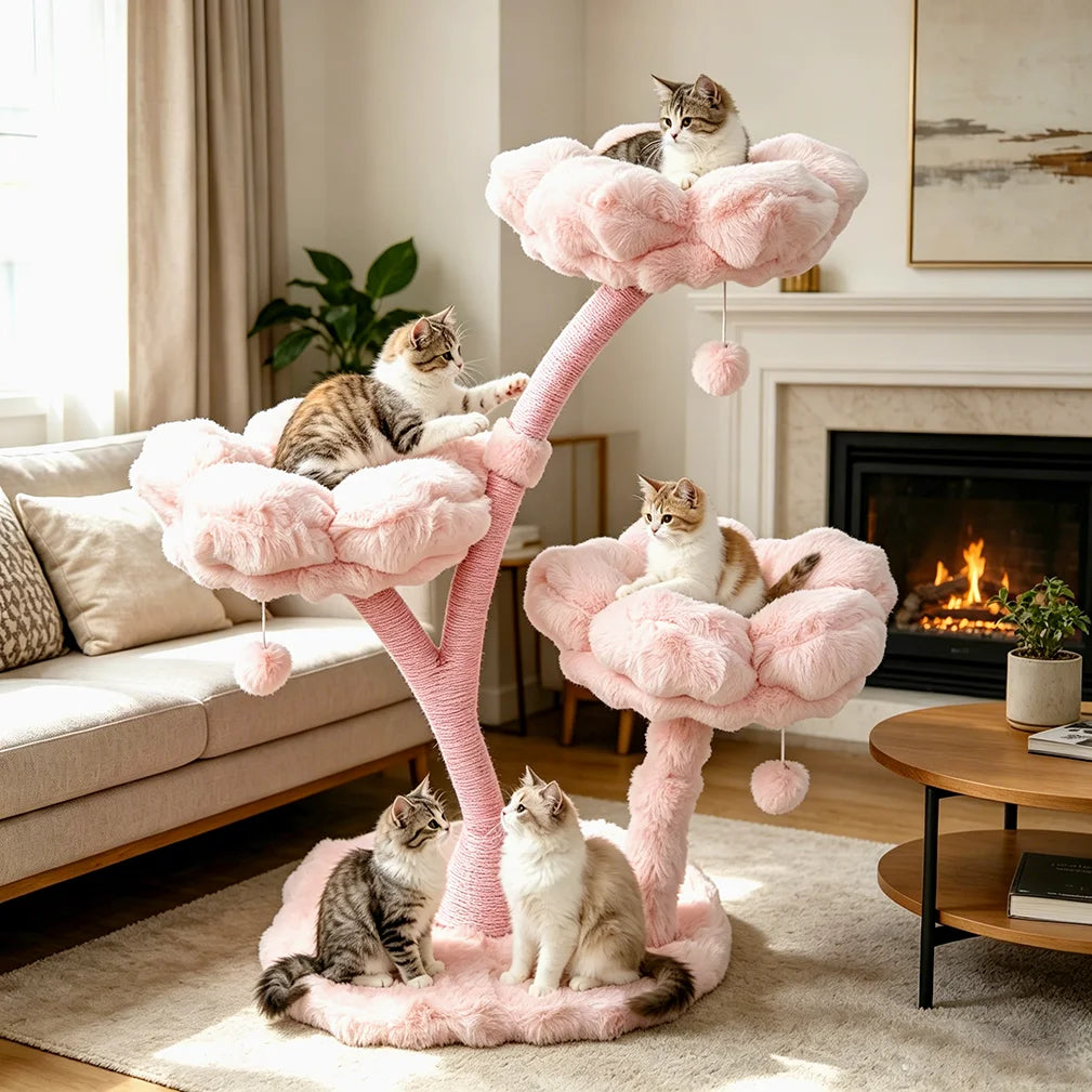 105cm Tall Pink Flower Cat Tree Tower with Scratching Post